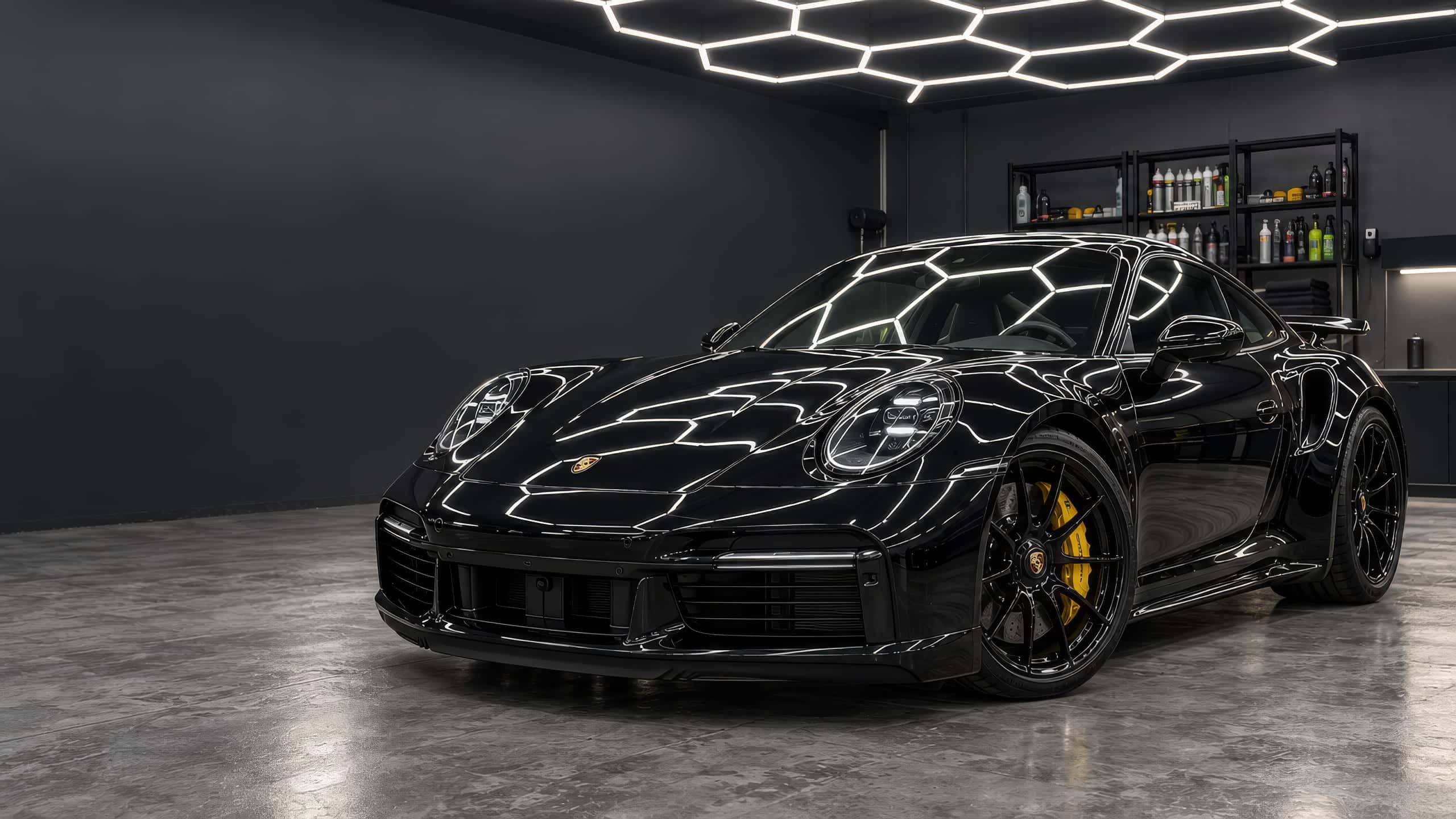 Czarne Porsche 911 Turbo S w studiu Montis pod heksagonalnym oświetleniem LED