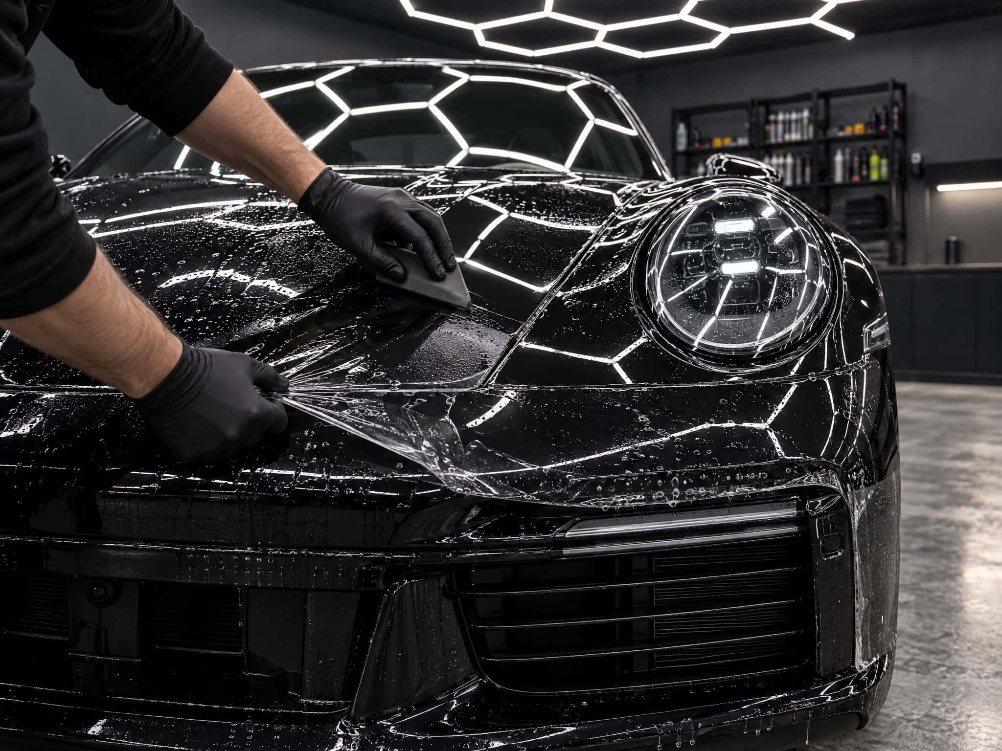 Aplikacja bezbarwnej folii PPF na maskę i zderzak czarnego Porsche w studiu Montis